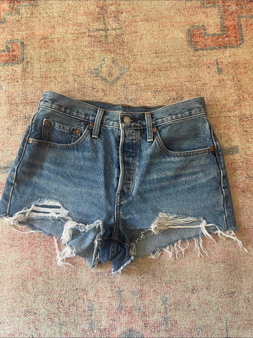 Levi's 501 Medium Blue Distressed Cutoff Denim Shorts